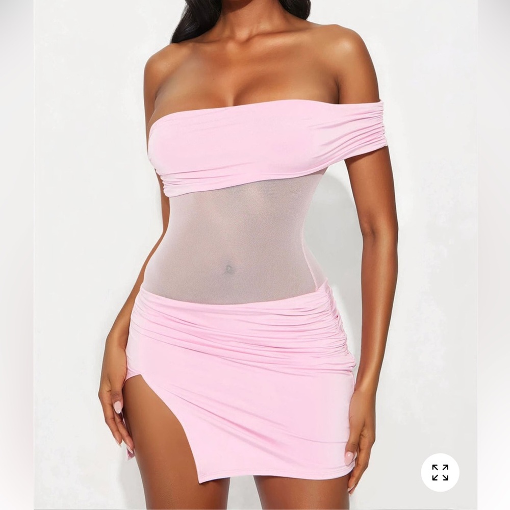 Pink Off-Shoulder Sheer Mini Dress
